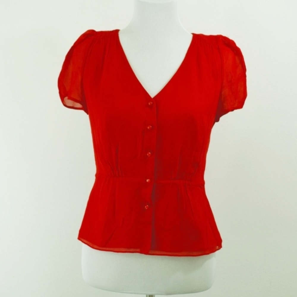 J. Crew Red Button Down V-Neck Silk Top